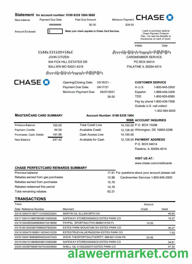 USA Chase bank Mastercard card statement